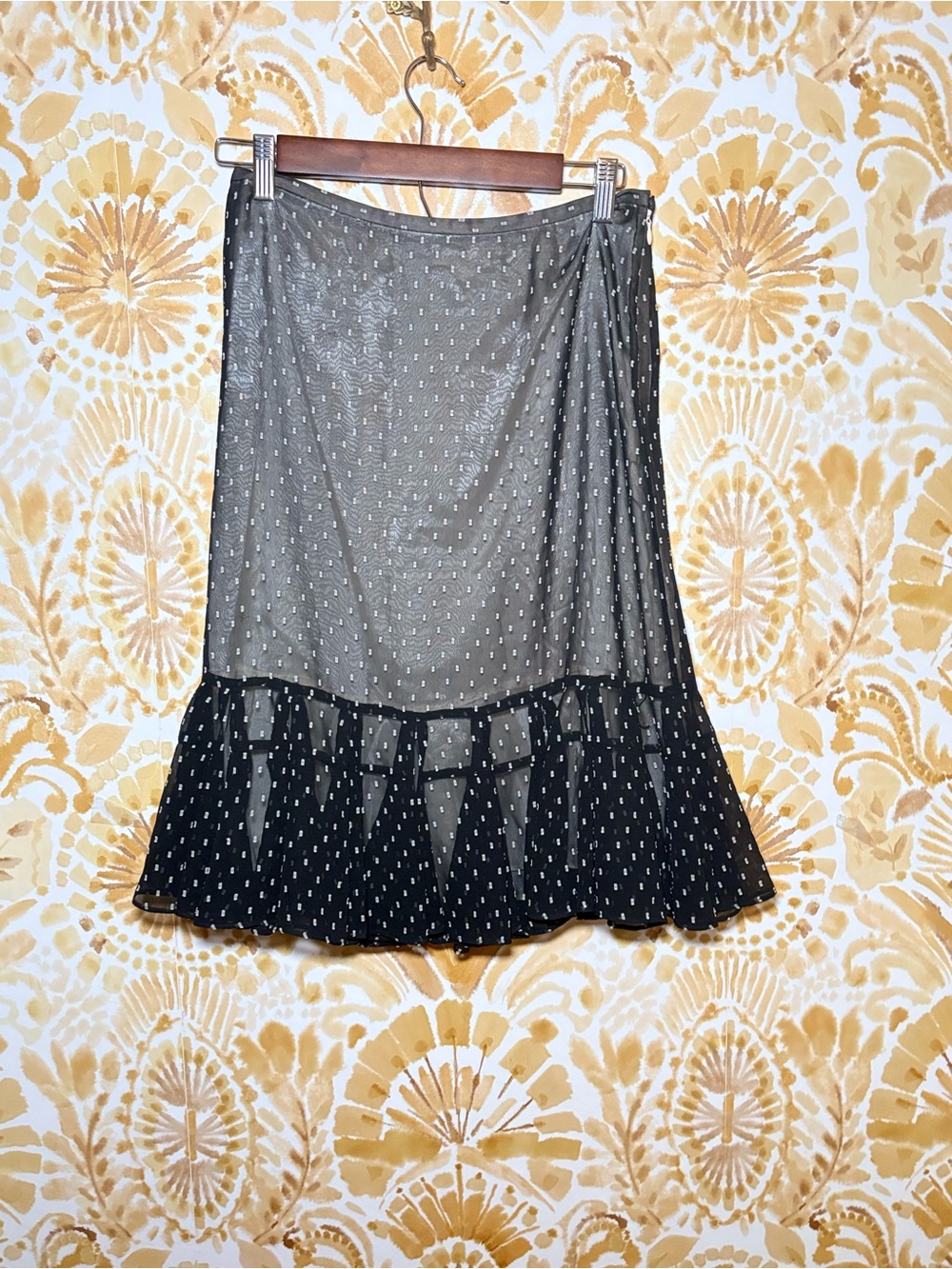 LOFT Black Swiss Dot Ruffle Midi Skirt | Sheer Overlay Romantic Date Night Skirt - Picture 5 of 8